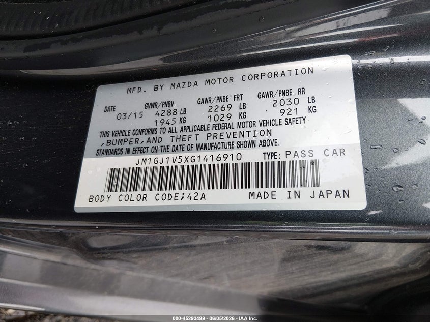 2016 Mazda 6 VIN JM1GJ1V5XG1416910 IAAI salvage auction — REAR END, Salvage Title, sold $3,325 on 2026-07-22 (photo 9)