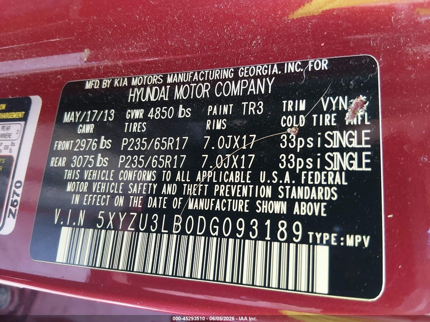 2013 Hyundai Santa fe VIN 5XYZU3LB0DG093189 IAAI salvage auction — FRONT END, Salvage Title, sold $1,150 on 2026-08-01 (photo 9)