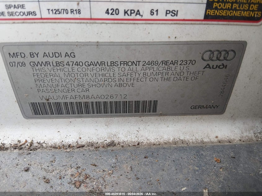 2010 Audi A3 VIN WAUMFAFM8AA026712 IAAI salvage auction — NORMAL WEAR, Clear (Arkansas), sold $400 on 2026-07-16 (photo 9)
