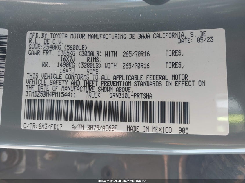 2023 Toyota Tacoma VIN 3TMDZ5BN4PM154411 IAAI salvage auction — FRONT END, Salvage Title, sold $12,350 on 2026-07-09 (photo 9)