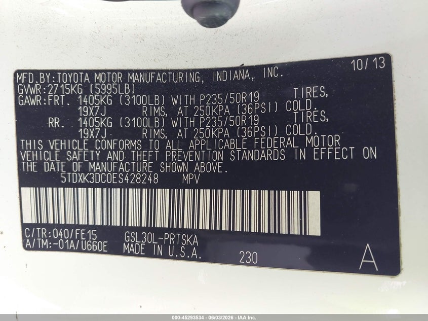 2014 Toyota Sienna VIN 5TDXK3DC0ES428248 IAAI salvage auction — FRONT END, Salvage Title, sold $1,100 on 2026-07-15 (photo 9)