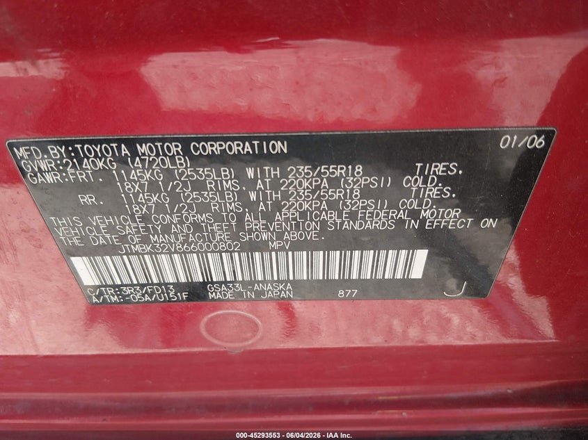 2006 Toyota Rav 4 VIN JTMBK32V866000802 IAAI salvage auction — NORMAL WEAR, Clear (Illinois), sold $1,225 on 2026-07-21 (photo 9)