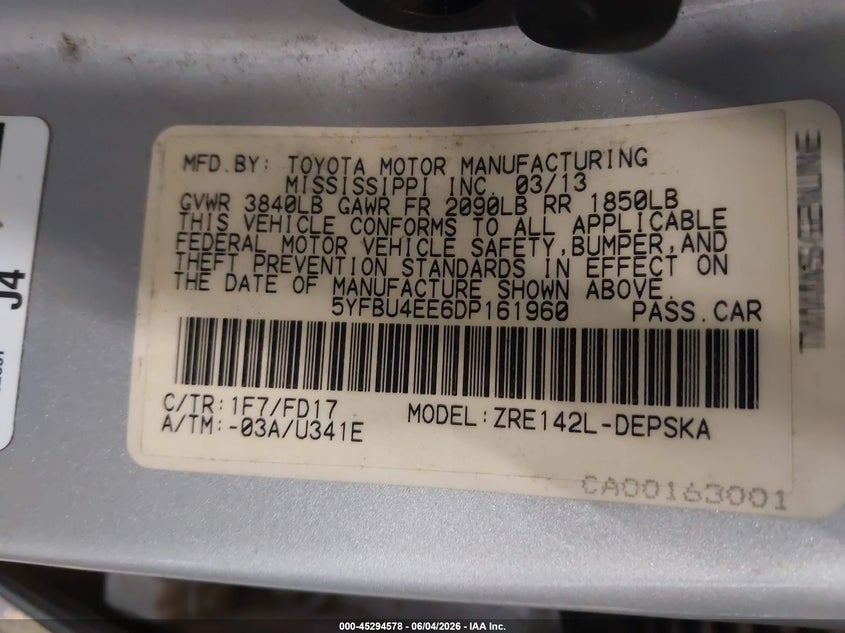 2013 Toyota Corolla VIN 5YFBU4EE6DP161960 IAAI salvage auction — FRONT END, Salvage Title, sold $75 on 2026-07-30 (photo 9)