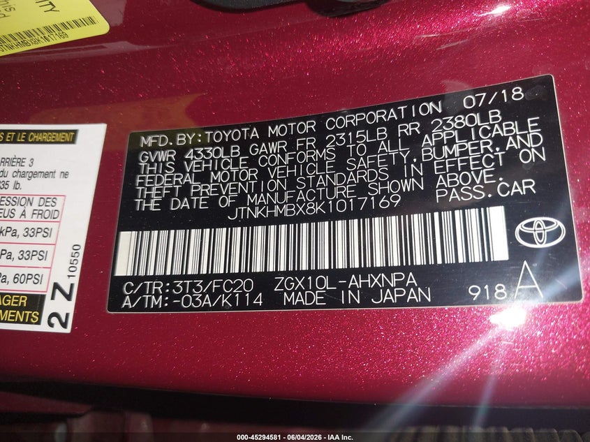 2019 Toyota C-hr VIN JTNKHMBX8K1017169 IAAI salvage auction — FRONT END, Salvage Title, sold $1,750 on 2026-07-14 (photo 9)