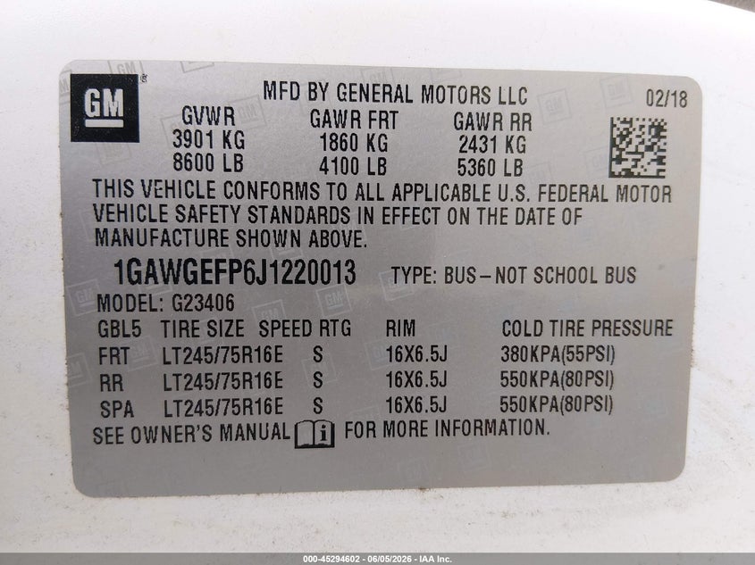 2018 Chevrolet Express VIN 1GAWGEFP6J1220013 IAAI salvage auction — FRONT END, Salvage (Oregon), sold $2,350 on 2026-07-10 (photo 9)