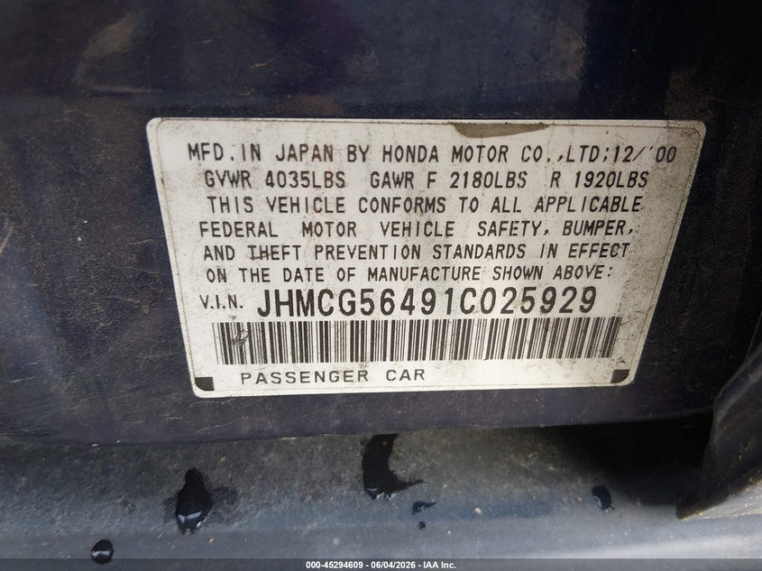 2001 Honda Accord VIN JHMCG56491C025929 IAAI salvage auction — RIGHT FRONT, Salvage (Colorado), sold $225 on 2026-07-21 (photo 9)