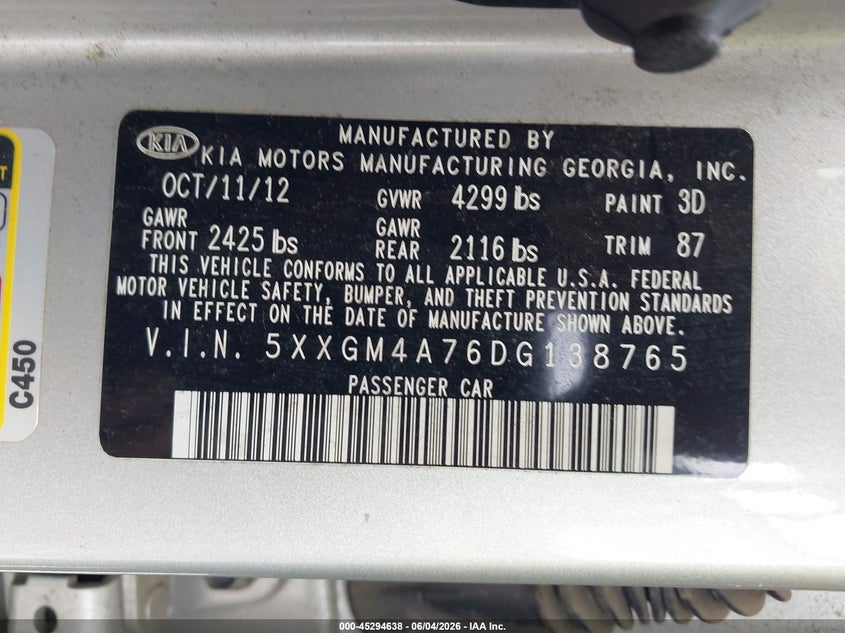 2013 Kia Optima VIN 5XXGM4A76DG138765 IAAI salvage auction — FRONT END, Salvage Title, sold $625 on 2026-07-28 (photo 9)