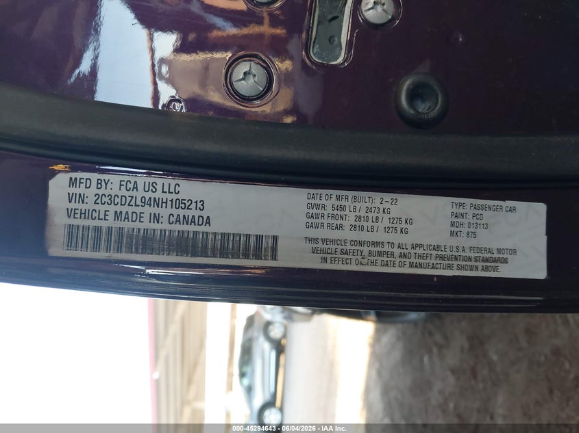 2022 Dodge Challenger VIN 2C3CDZL94NH105213 IAAI salvage auction — FRONT END, Salvage Title, sold $29,100 on 2026-07-30 (photo 9)