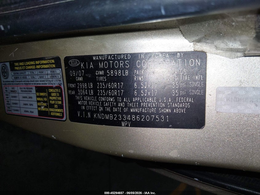 2008 Kia SEDONA VIN KNDMB233486207531 IAAI salvage auction — RIGHT FRONT, Salvage (Arizona), sold $375 on 2026-07-14 (photo 9)