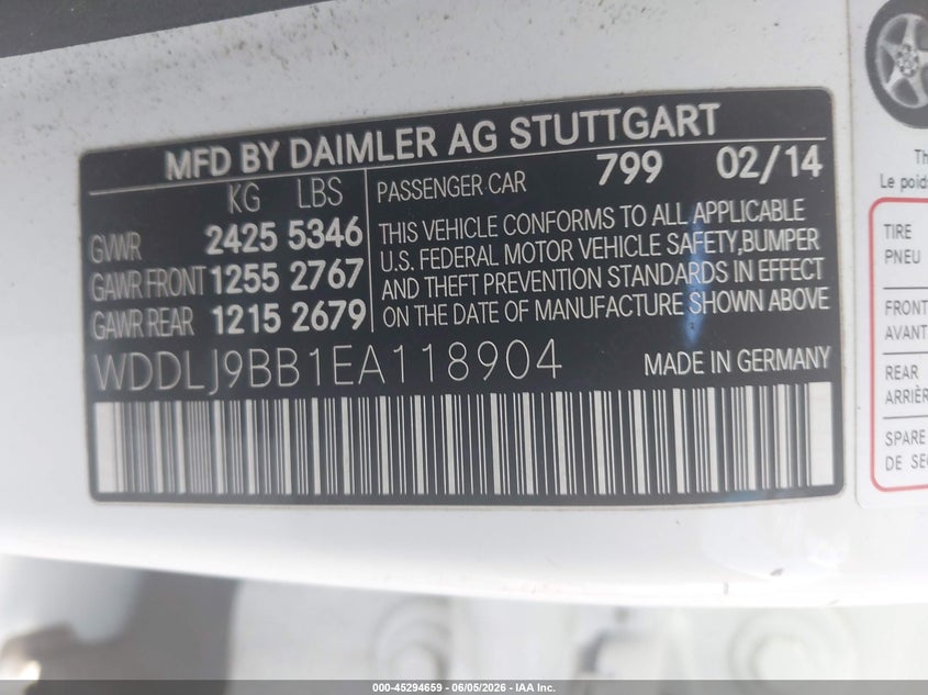2014 Mercedes-benz Cls-class VIN WDDLJ9BB1EA118904 IAAI salvage auction — NORMAL WEAR, Clear (Texas), sold $2,300 on 2026-08-12 (photo 9)