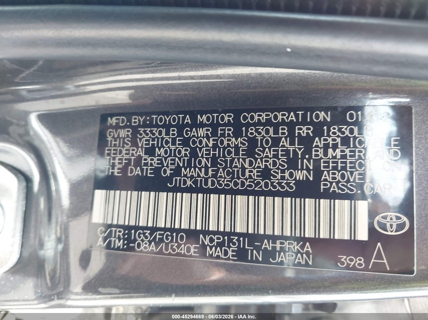 2012 Toyota Yaris VIN JTDKTUD35CD520333 IAAI salvage auction — NORMAL WEAR, Salvage (California), sold $1,225 on 2026-07-21 (photo 9)