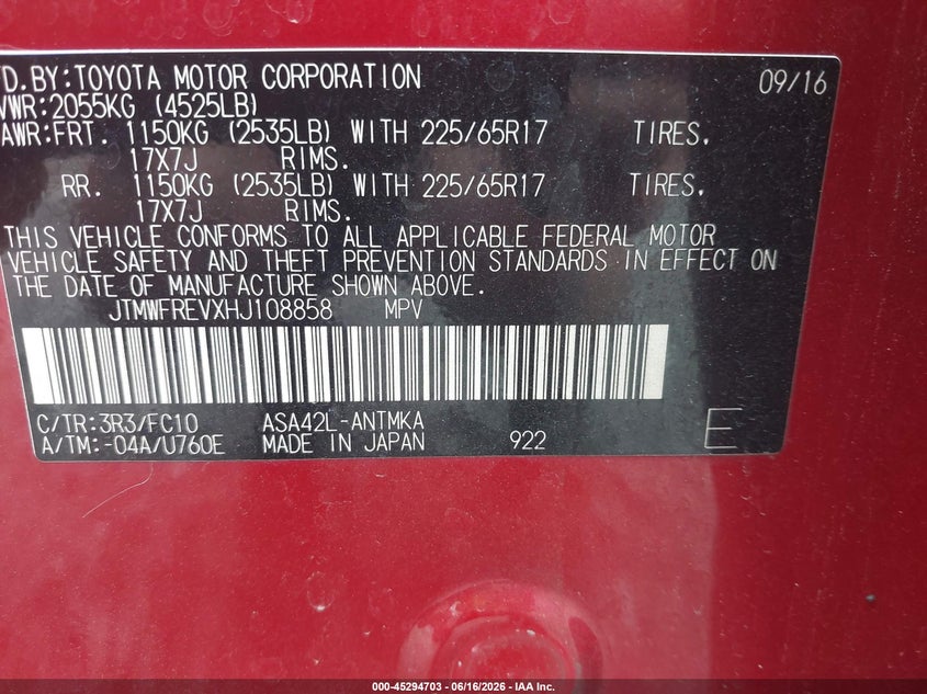 2017 Toyota Rav4 VIN JTMWFREVXHJ108858 IAAI salvage auction — SIDE, Repossession Paperwork (Georgia), sold $5,750 on 2026-07-07 (photo 9)