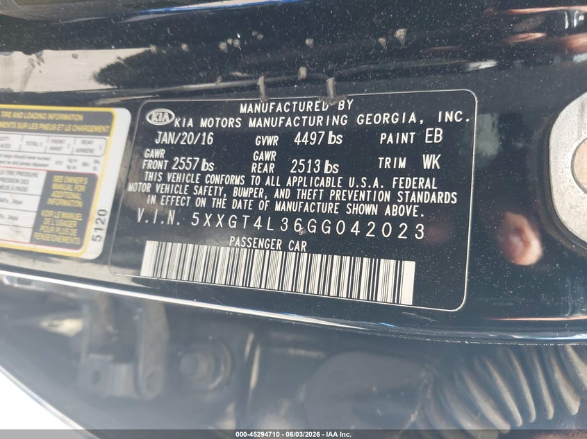 2016 Kia Optima VIN 5XXGT4L36GG042023 IAAI salvage auction — NORMAL WEAR, Clear (North Carolina), sold $450 on 2026-07-15 (photo 9)