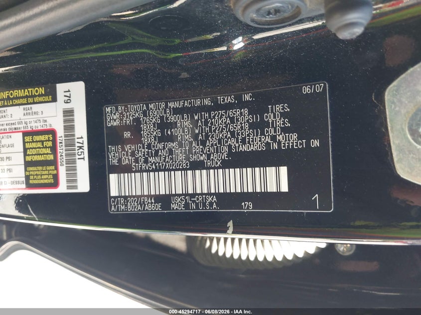 2007 Toyota Tundra VIN 5TFRV54117X020283 IAAI salvage auction — FRONT END, Salvage (California), sold $4,000 on 2026-07-29 (photo 9)