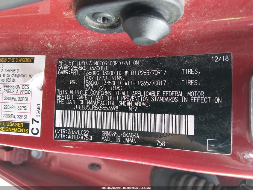 2019 Toyota 4runner VIN JTEBU5JR8K5653698 IAAI salvage auction — BIO HAZARD, Salvage (Colorado), sold $9,050 on 2026-07-21 (photo 9)
