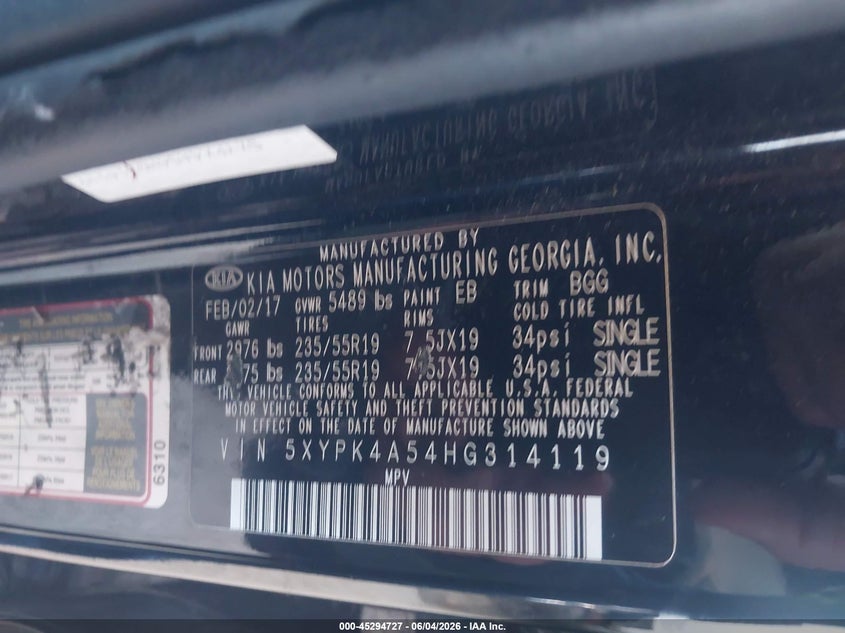 2017 Kia Sorento VIN 5XYPK4A54HG314119 IAAI salvage auction — FRONT END, Salvage Title, sold $3,050 on 2026-07-07 (photo 9)