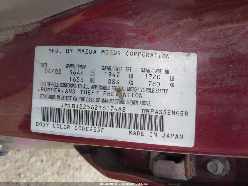 2002 Mazda Protege VIN JM1BJ225621617488 IAAI salvage auction — NORMAL WEAR, Clear (Washington), sold $275 on 2026-07-22 (photo 9)