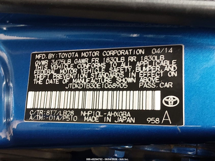 2014 Toyota Prius c VIN JTDKDTB30E1068905 IAAI salvage auction — FRONT END, Salvage Title, sold $1,950 on 2026-07-15 (photo 9)