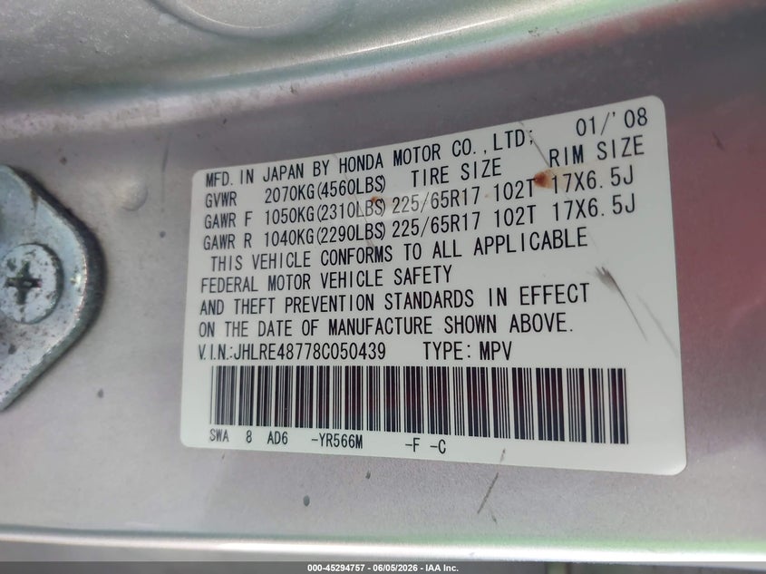 2008 Honda Cr-v VIN JHLRE48778C050439 IAAI salvage auction — NORMAL WEAR, Clear-Dealer Only (Minnesota), sold $25 on 2026-07-21 (photo 9)