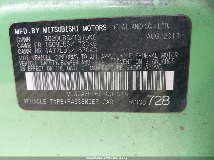 2014 Mitsubishi Mirage VIN ML32A3HJ6EH002948 IAAI salvage auction — FRONT & REAR, Salvage (Hawaii), sold $50 on 2026-07-21 (photo 9)