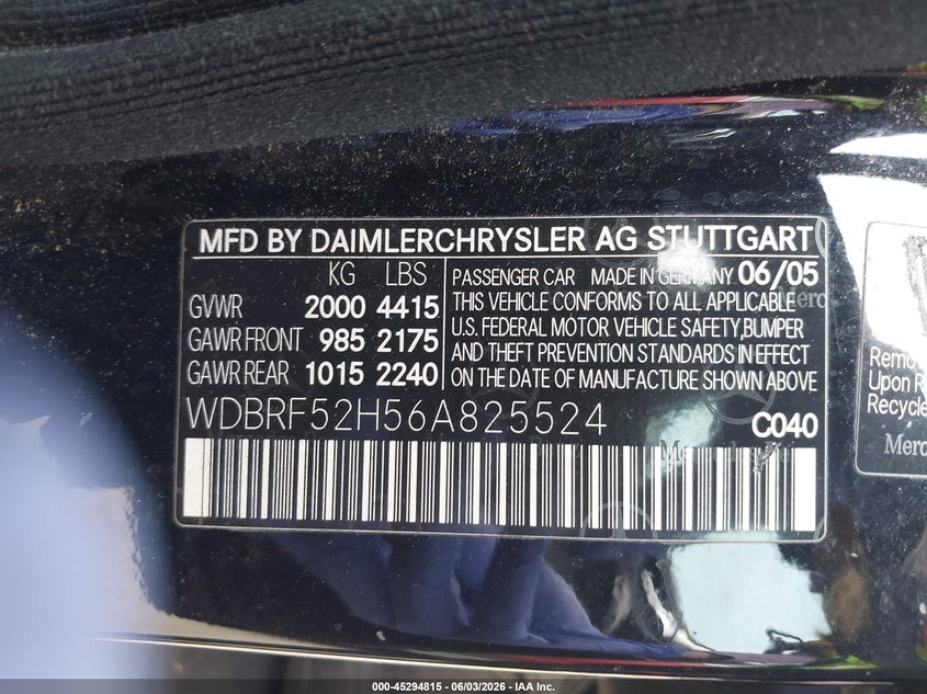 2006 Mercedes-benz C class VIN WDBRF52H56A825524 IAAI salvage auction — NORMAL WEAR, Clear (Washington), sold $425 on 2026-07-15 (photo 9)