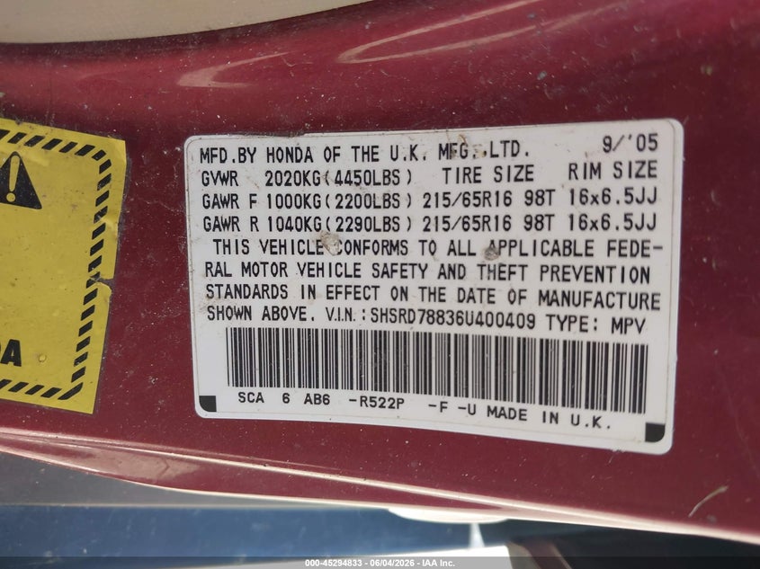 2006 Honda Cr-v VIN SHSRD78836U400409 IAAI salvage auction — FRONT END, Salvage (Pennsylvania), sold $575 on 2026-07-17 (photo 9)
