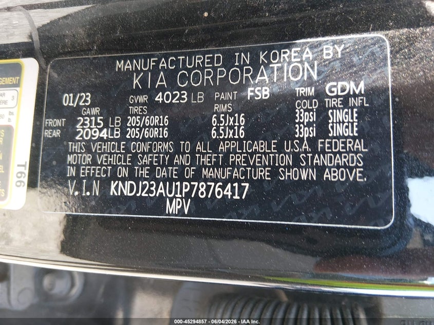 2023 Kia Soul VIN KNDJ23AU1P7876417 IAAI salvage auction — FRONT END, Salvage Title, sold $1,800 on 2026-07-28 (photo 9)