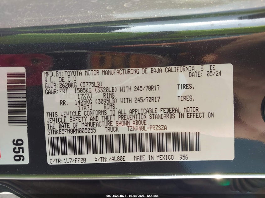 2024 Toyota Tacoma VIN 3TMKB5FN8RM005055 IAAI salvage auction — FRONT END, Salvage Title, sold $6,600 on 2026-07-21 (photo 9)