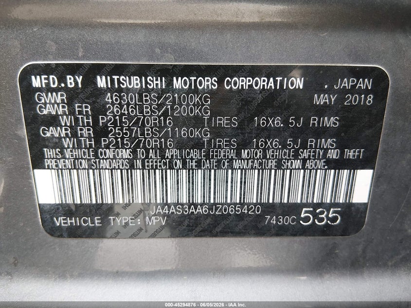 2018 Mitsubishi Eclipse cross VIN JA4AS3AA6JZ065420 IAAI salvage auction — FRONT & REAR, Salvage (Illinois), sold $1,375 on 2026-07-28 (photo 9)