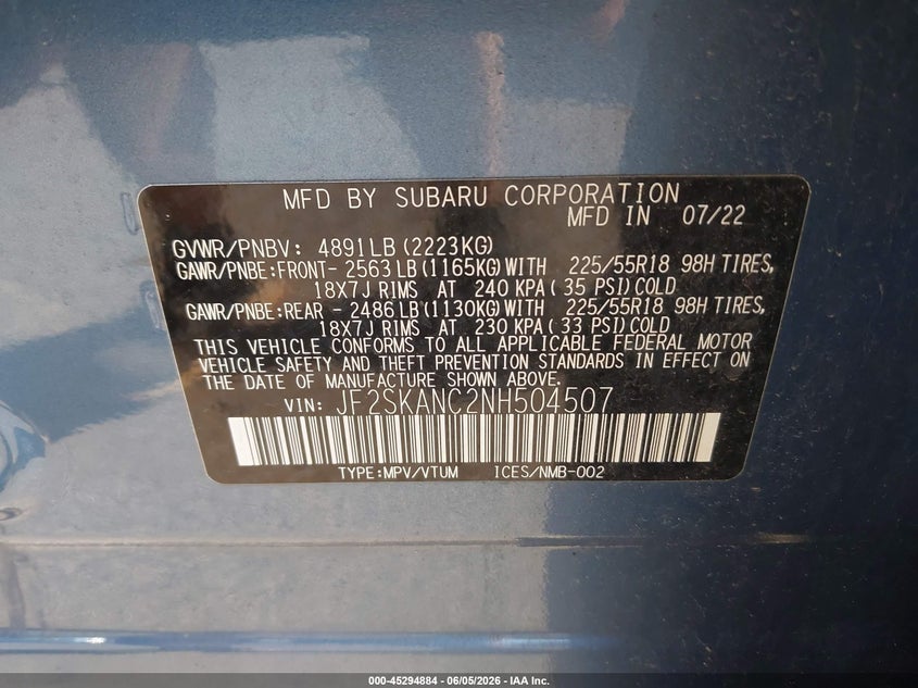 2022 Subaru Forester VIN JF2SKANC2NH504507 IAAI salvage auction — FRONT END, Salvage Title, sold $25 on 2026-07-21 (photo 9)