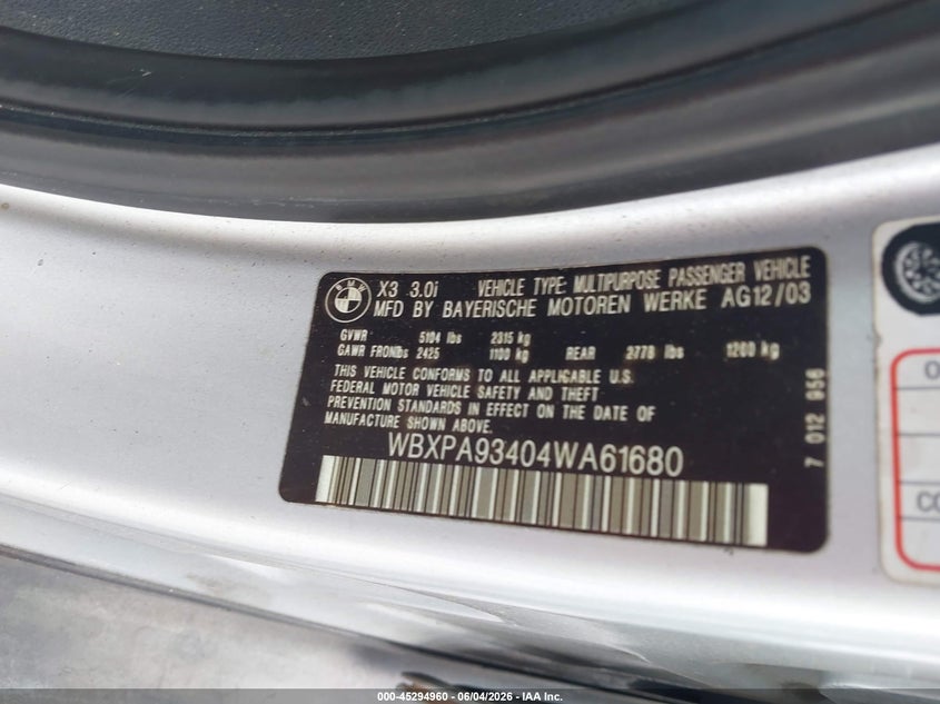 2004 BMW X3 VIN WBXPA93404WA61680 IAAI salvage auction — RIGHT REAR, Clear (Florida), sold $375 on 2026-07-09 (photo 9)