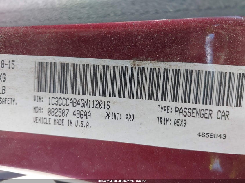 2016 Chrysler 200 VIN 1C3CCCAB4GN112016 IAAI salvage auction — ALL OVER, Clear (Florida), sold $300 on 2026-07-23 (photo 9)