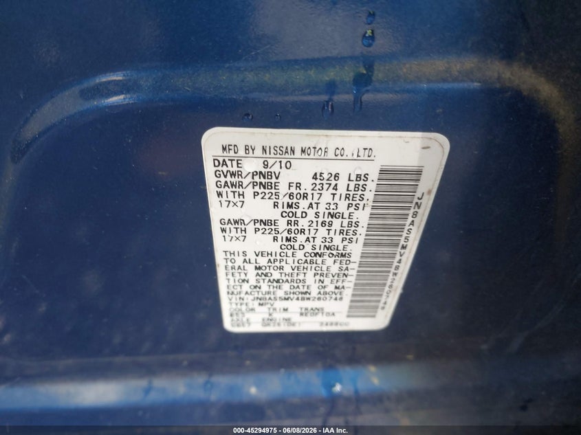 2011 Nissan Rogue VIN JN8AS5MV4BW260746 IAAI salvage auction — NORMAL WEAR, Repossession Paperwork (South Carolina), sold $575 on 2026-07-14 (photo 9)