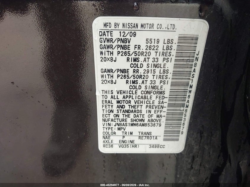 2010 Infiniti Fx35 VIN JN8AS1MW6AM853679 IAAI salvage auction — LEFT SIDE, Clear-Endorsement (Wisconsin), sold $1,550 on 2026-07-14 (photo 9)