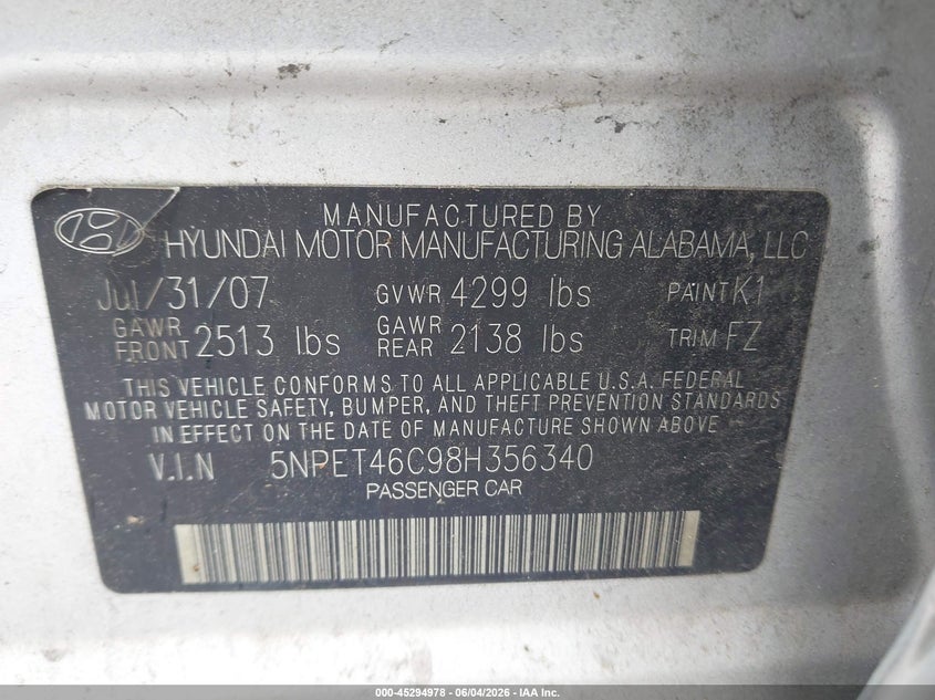 2008 Hyundai Sonata VIN 5NPET46C98H356340 IAAI salvage auction — LEFT & RIGHT, Original (Texas), sold $325 on 2026-07-15 (photo 9)