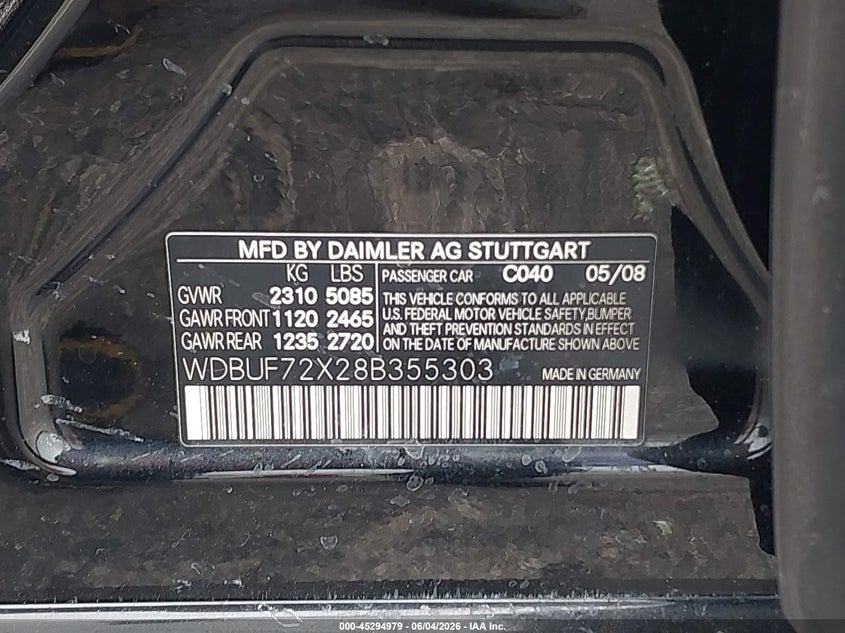 2008 Mercedes-benz E-class VIN WDBUF72X28B355303 IAAI salvage auction — NORMAL WEAR, Clear (Florida), sold $425 on 2026-07-23 (photo 9)