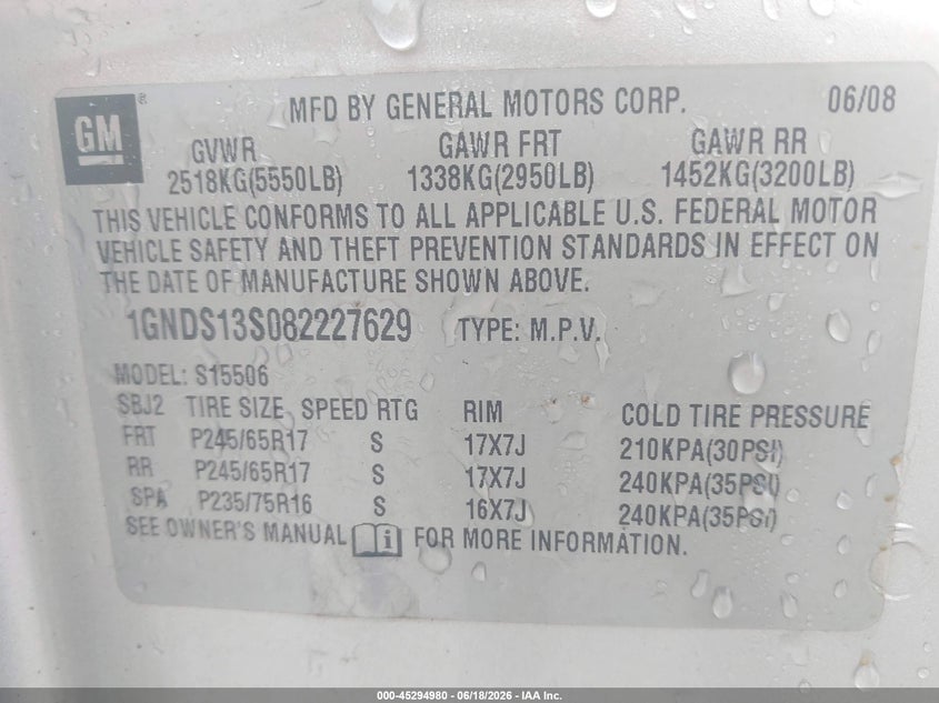 2008 Chevrolet Trailblazer VIN 1GNDS13S082227629 IAAI salvage auction — NORMAL WEAR, Clear (Tennessee), sold $450 on 2026-07-09 (photo 9)