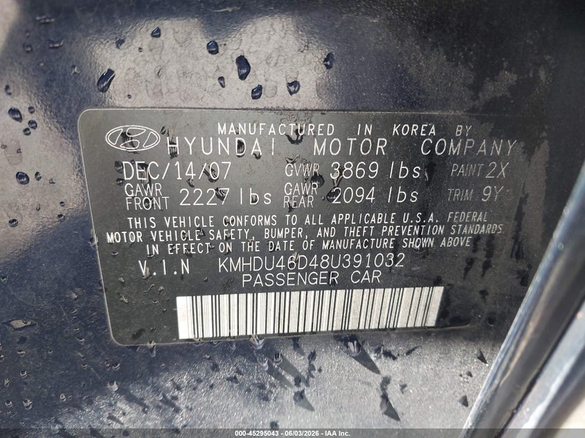 2008 Hyundai Elantra VIN KMHDU46D48U391032 IAAI salvage auction — FRONT END, Repossession Paperwork (Georgia), sold $25 on 2026-07-23 (photo 9)