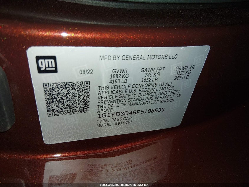 2023 Chevrolet Corvette VIN 1G1YB3D46P5108639 IAAI salvage auction — SIDE, Salvage Title, sold $31,500 on 2026-08-01 (photo 9)