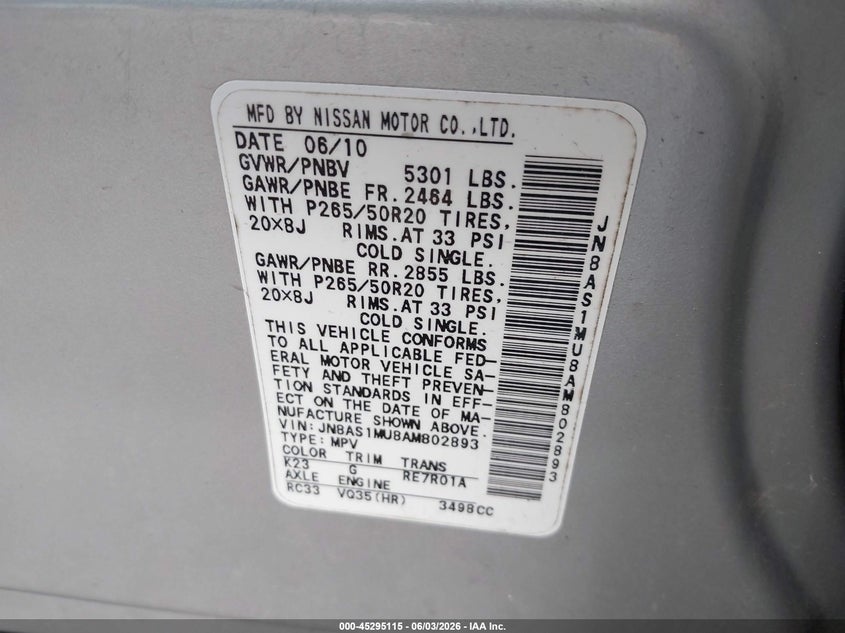 2010 Infiniti Fx35 VIN JN8AS1MU8AM802893 IAAI salvage auction — FRONT END, Salvage (Texas), sold $925 on 2026-07-15 (photo 9)