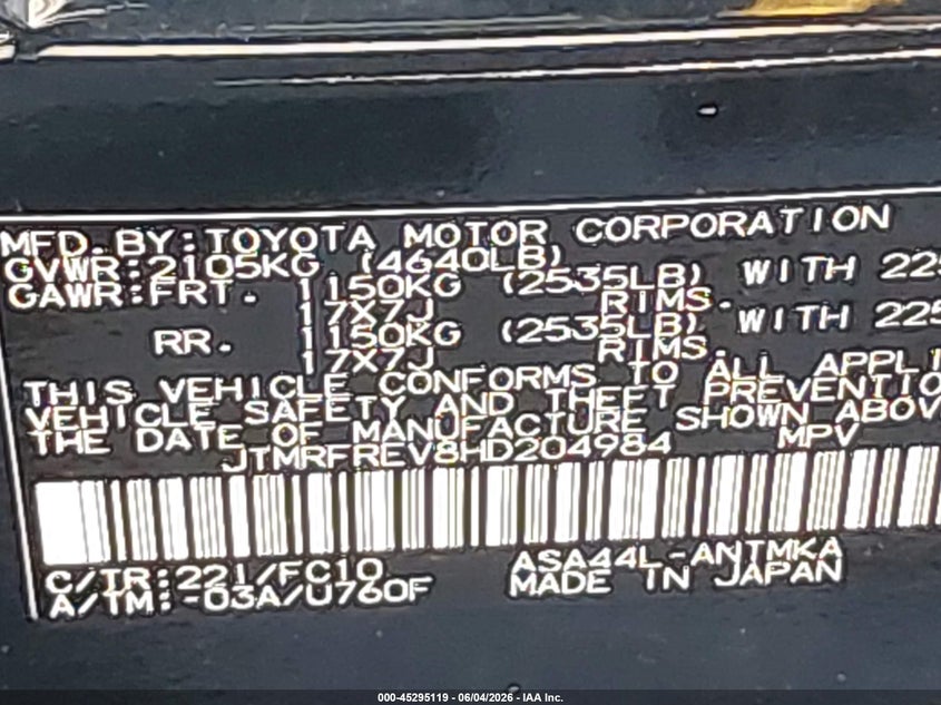 2017 Toyota Rav 4 VIN JTMRFREV8HD204984 IAAI salvage auction — FRONT & REAR, Salvage Title, sold $7,800 on 2026-07-07 (photo 9)