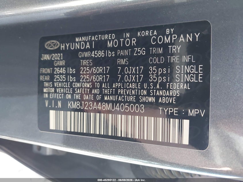 2021 Hyundai Tucson VIN KM8J23A48MU405003 IAAI salvage auction — FRONT END, Salvage Title, sold $2,500 on 2026-08-03 (photo 9)