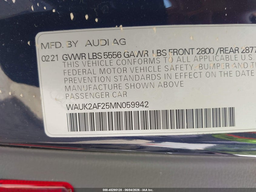 2021 Audi A6 VIN WAUK2AF25MN059942 IAAI salvage auction — FRONT END, Salvage Title, sold $2,750 on 2026-07-26 (photo 9)