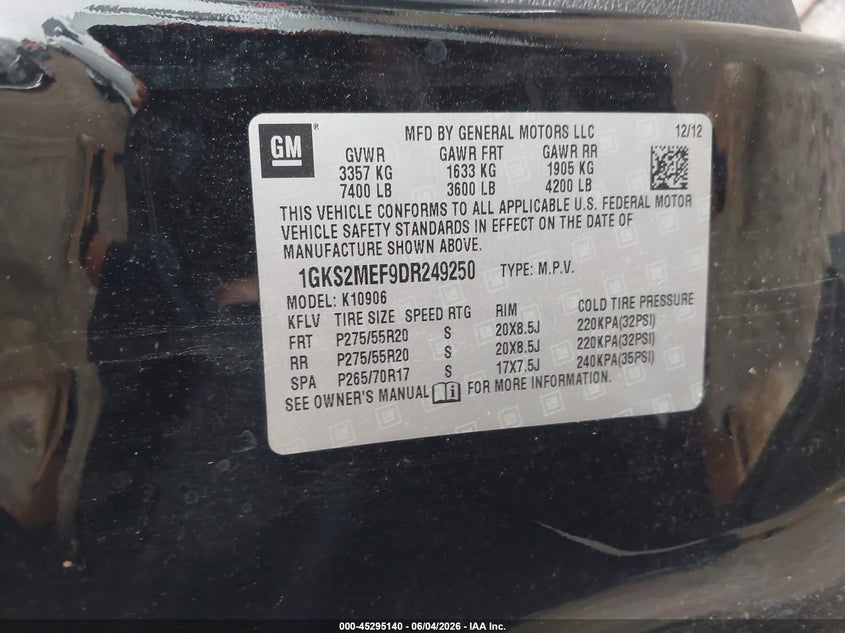 2013 Gmc Yukon xl VIN 1GKS2MEF9DR249250 IAAI salvage auction — NORMAL WEAR, Clear (Indiana), sold $925 on 2026-07-07 (photo 9)