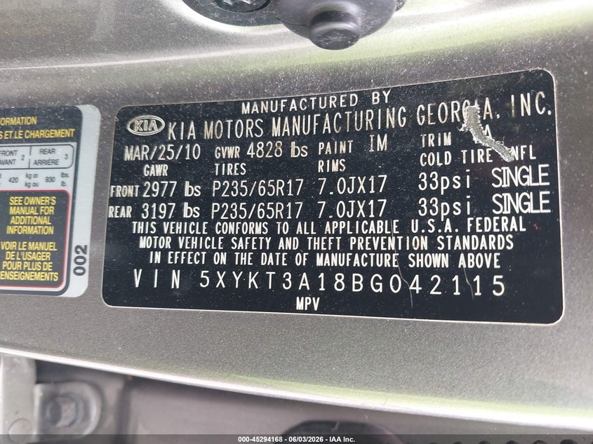 2011 Kia Sorento VIN 5XYKT3A18BG042115 IAAI salvage auction — NORMAL WEAR, Certificate Of Title (Montana), sold $500 on 2026-07-23 (photo 9)
