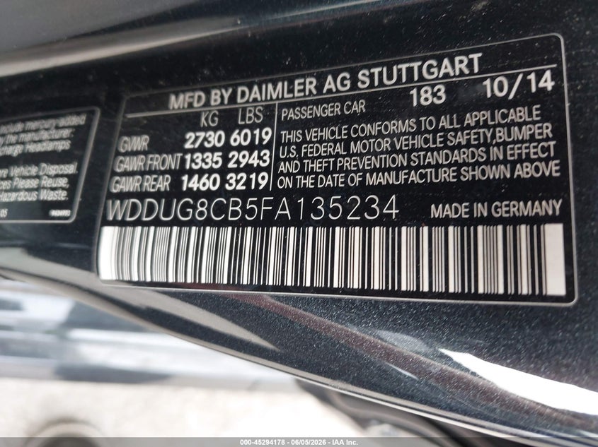 2015 Mercedes-benz S-klasse VIN WDDUG8CB5FA135234 IAAI salvage auction — LEFT SIDE, Salvage Title, sold $7,450 on 2026-07-06 (photo 9)