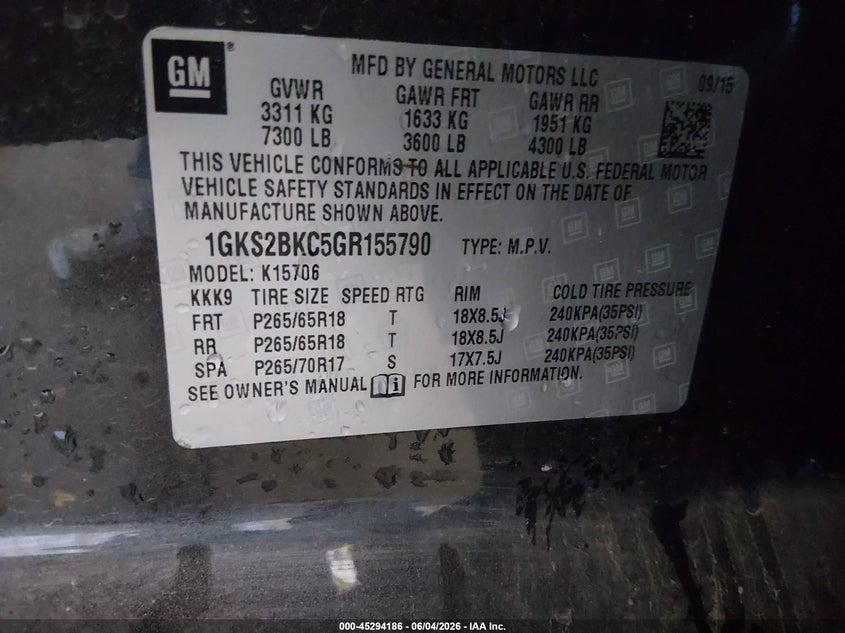 2016 Gmc Yukon VIN 1GKS2BKC5GR155790 IAAI salvage auction — FRONT END, Salvage Title, sold $1,700 on 2026-08-01 (photo 9)