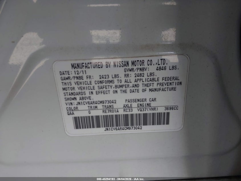 2012 Infiniti G VIN JN1CV6AR4CM973042 IAAI salvage auction — LEFT FRONT, Salvage Title, sold $650 on 2026-07-09 (photo 9)