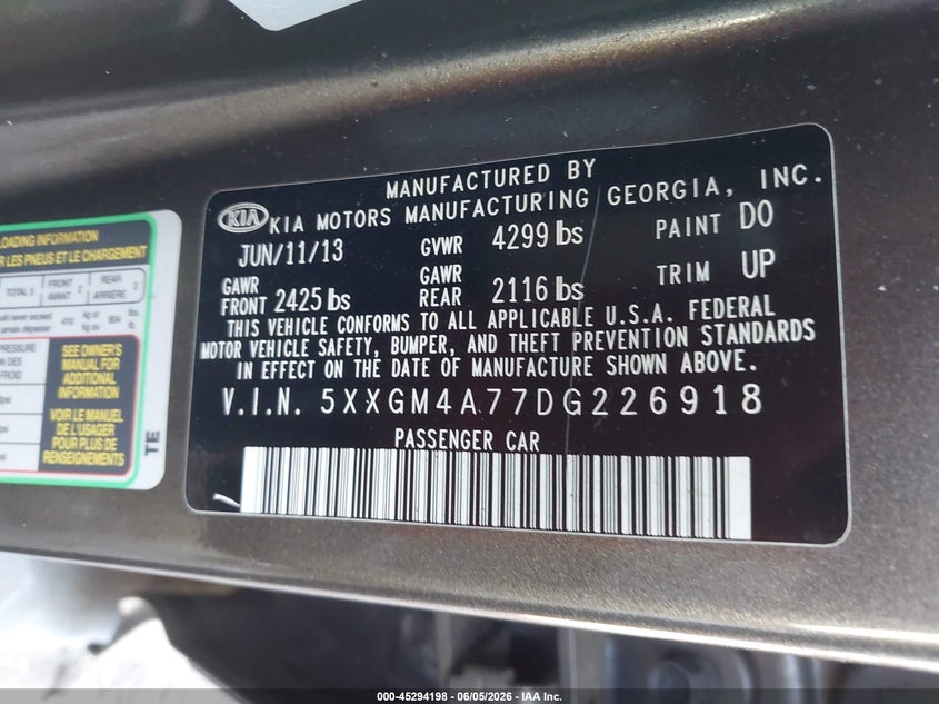 2013 Kia Optima VIN 5XXGM4A77DG226918 IAAI salvage auction — NORMAL WEAR, Clear-Dealer Only (Arizona), sold $775 on 2026-07-28 (photo 9)