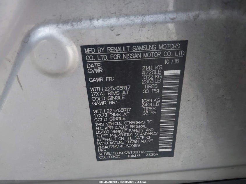 2019 Nissan Rogue VIN KNMAT2MV7KP509199 IAAI salvage auction — RIGHT FRONT, Salvage Title, sold $2,200 on 2026-07-14 (photo 9)